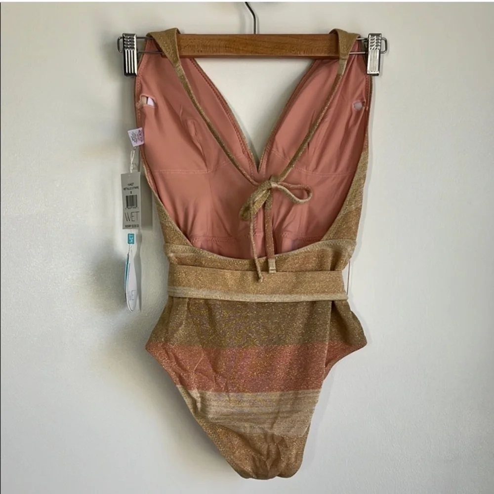 NWT WET $208 Belted One Piece Modal Swimsuit Metallic Stripe Glitter Neutral